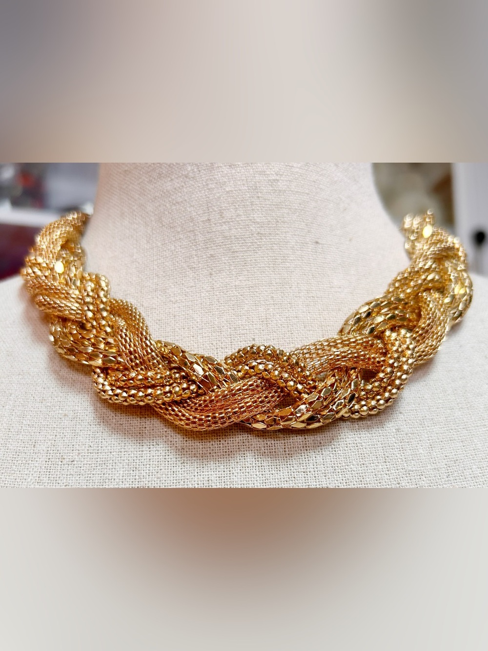 Multi-Strand Gold Mesh Woven/Braided Statement Collar Necklace Elegant Chic